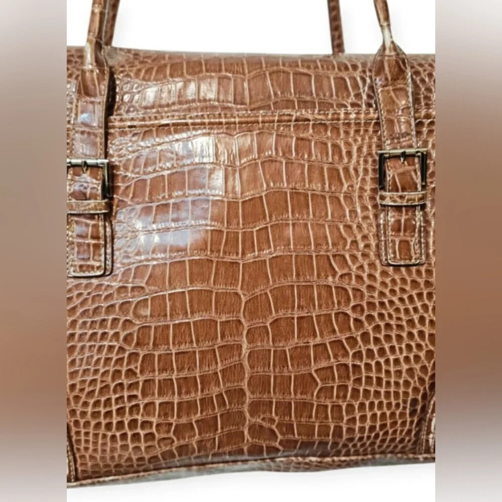 Liz Claiborne Large Brown Croc Embossed Leather Laptop Satchel Purse Tote Bag - Picture 4 of 15